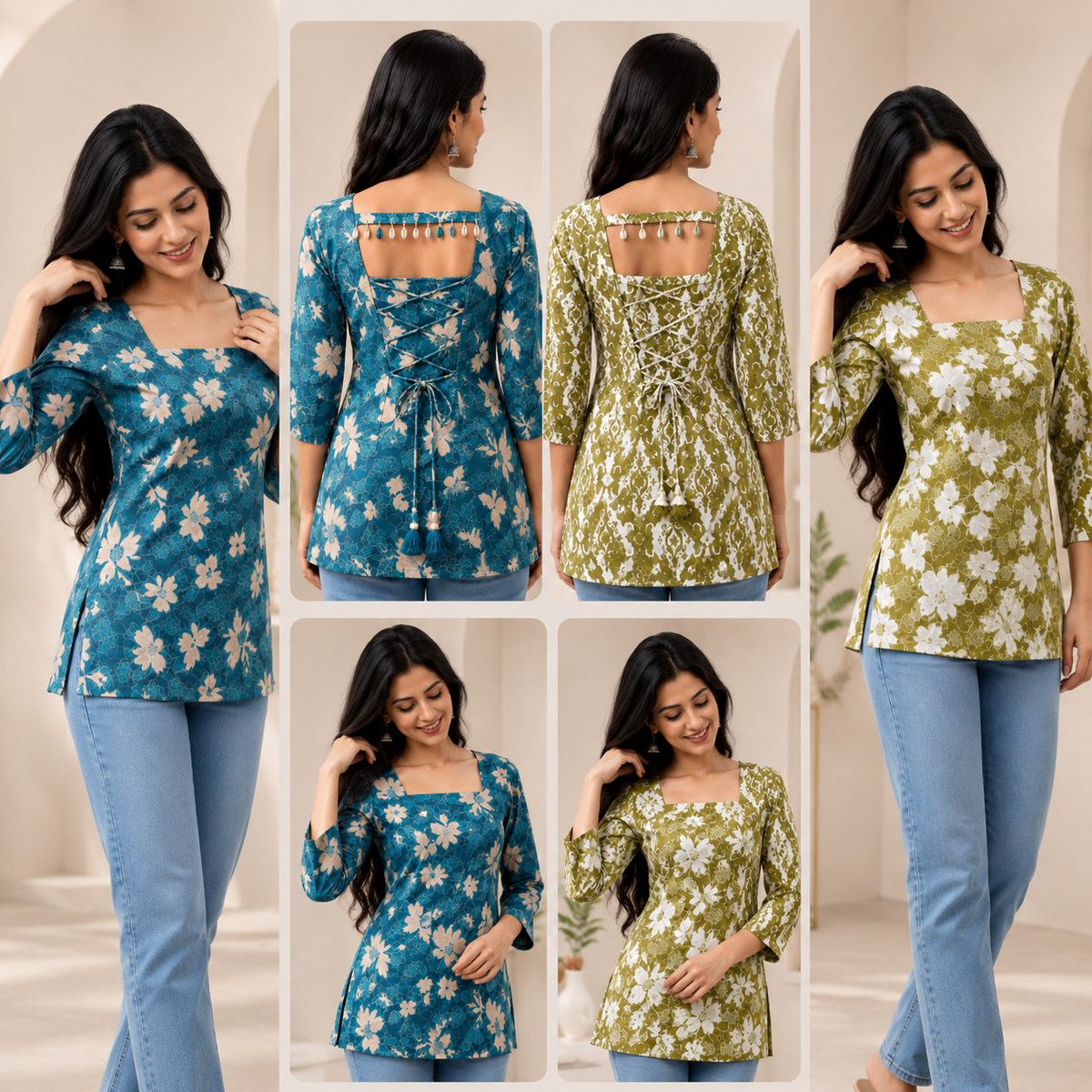 Pack of 2 Printed Short Kurtis for Women, Cotton Fabric (Green & Blue)