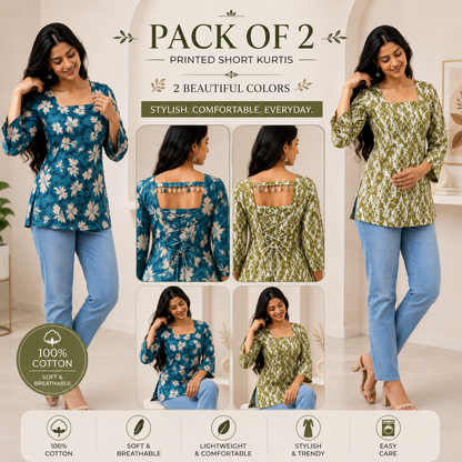Pack of 2 Printed Short Kurtis for Women, Cotton Fabric (Green & Blue)