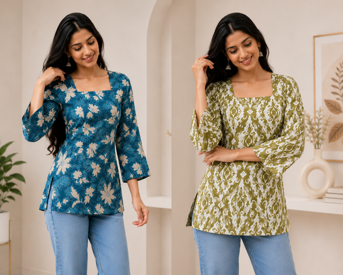 Pack of 2 Printed Short Kurtis for Women, Cotton Fabric (Green & Blue)