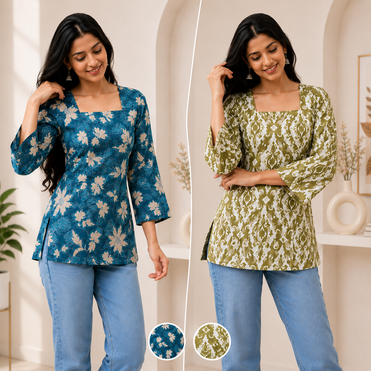 Pack of 2 Printed Short Kurtis for Women, Cotton Fabric (Green & Blue)