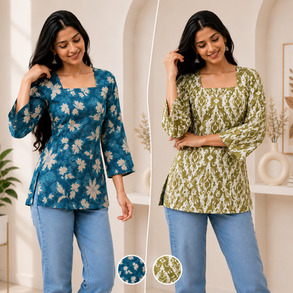 Pack of 2 Printed Short Kurtis for Women, Cotton Fabric (Green & Blue)