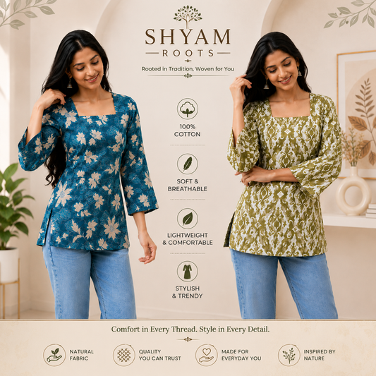 Pack of 2 Printed Short Kurtis for Women, Cotton Fabric (Green & Blue)