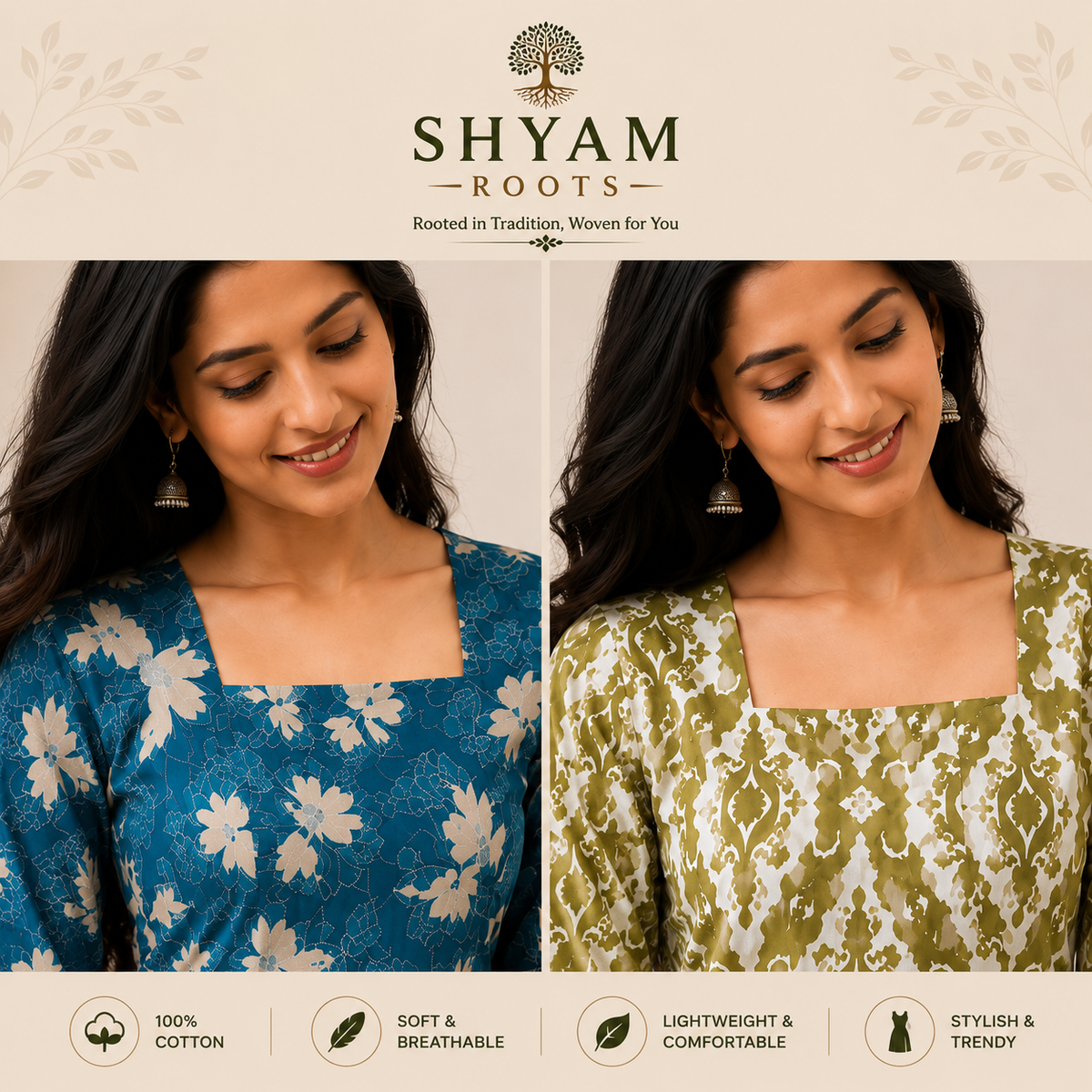 Pack of 2 Printed Short Kurtis for Women, Cotton Fabric (Green & Blue)