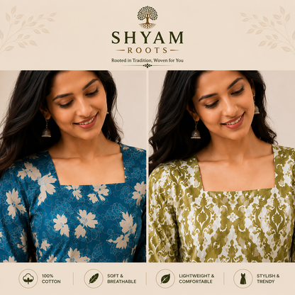 Pack of 2 Printed Short Kurtis for Women, Cotton Fabric (Green & Blue)