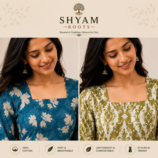 Pack of 2 Printed Short Kurtis for Women, Cotton Fabric (Green & Blue)