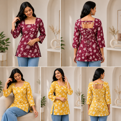 Pack of 2 Printed Short Kurtis for Women, Cotton Fabric (Red & Yellow)