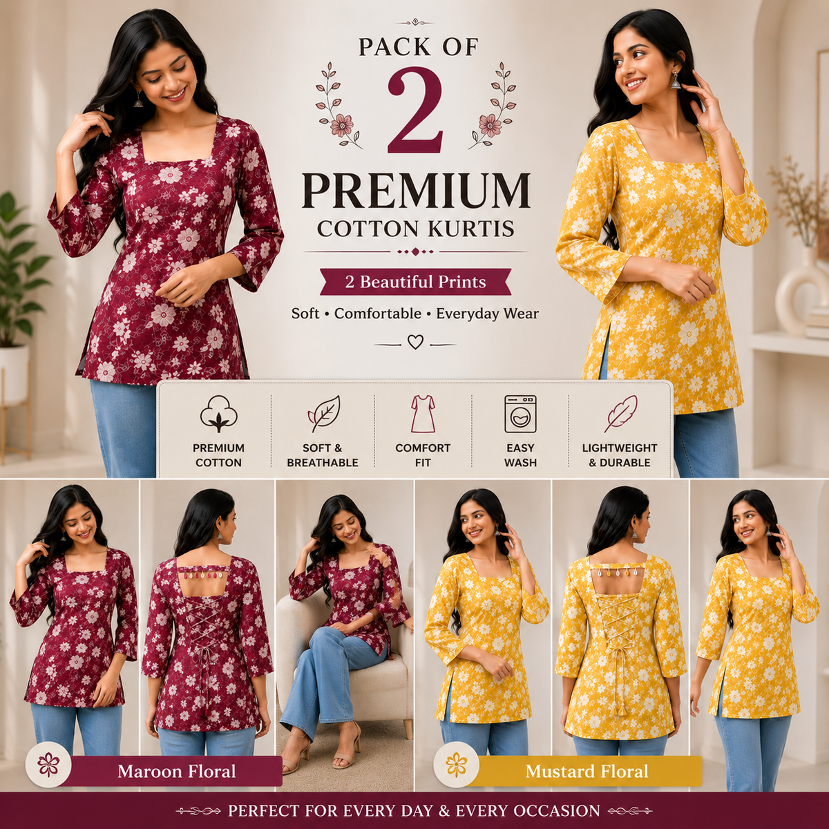 Pack of 2 Printed Short Kurtis for Women, Cotton Fabric (Red & Yellow)