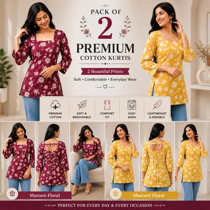 Pack of 2 Printed Short Kurtis for Women, Cotton Fabric (Red & Yellow)
