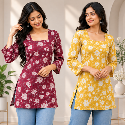 Pack of 2 Printed Short Kurtis for Women, Cotton Fabric (Red & Yellow)