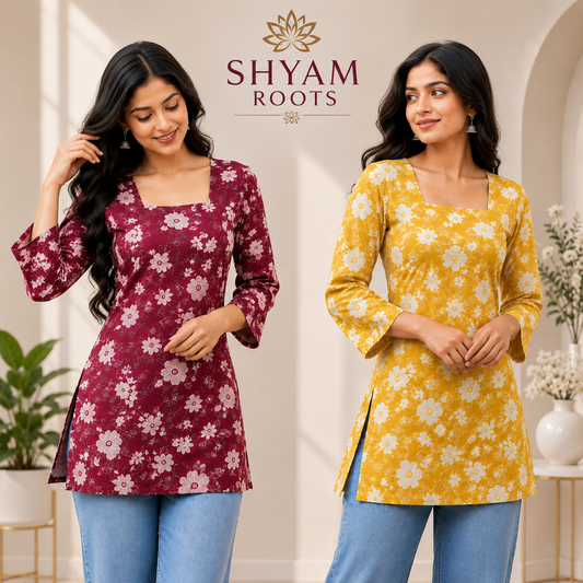 Pack of 2 Printed Short Kurtis for Women, Cotton Fabric (Red & Yellow)