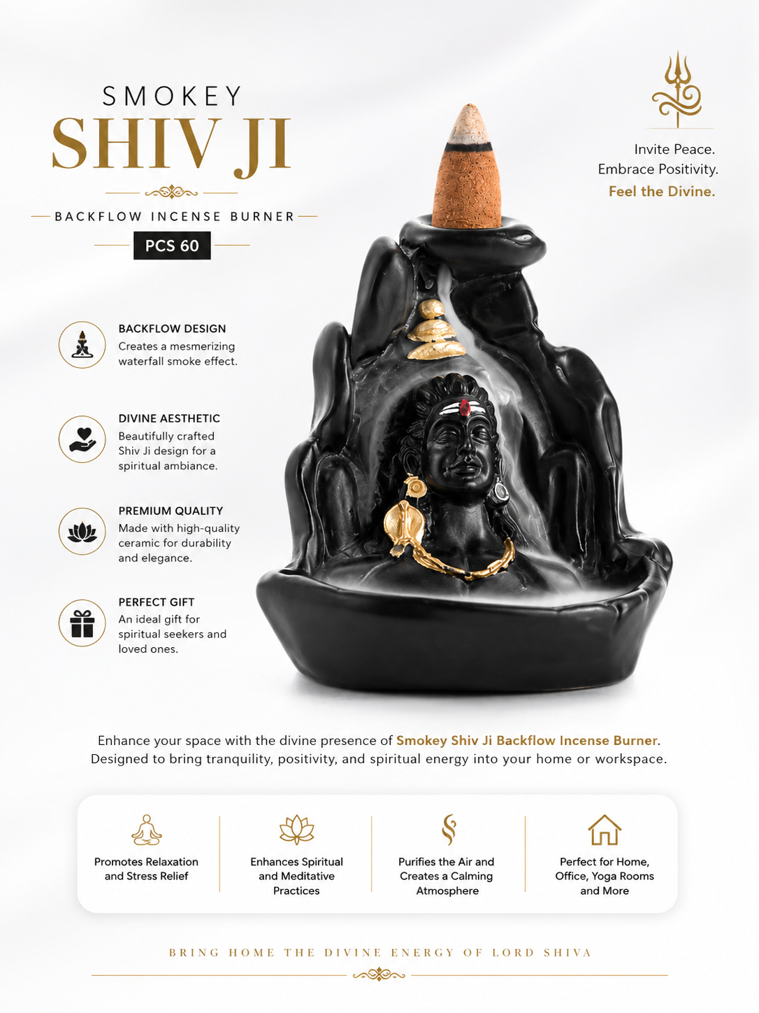 Smokey Shiv Ji Backflow Incense Burner | Lord Shiva Waterfall Smoke Fountain | Premium Ceramic Spiritual Decor