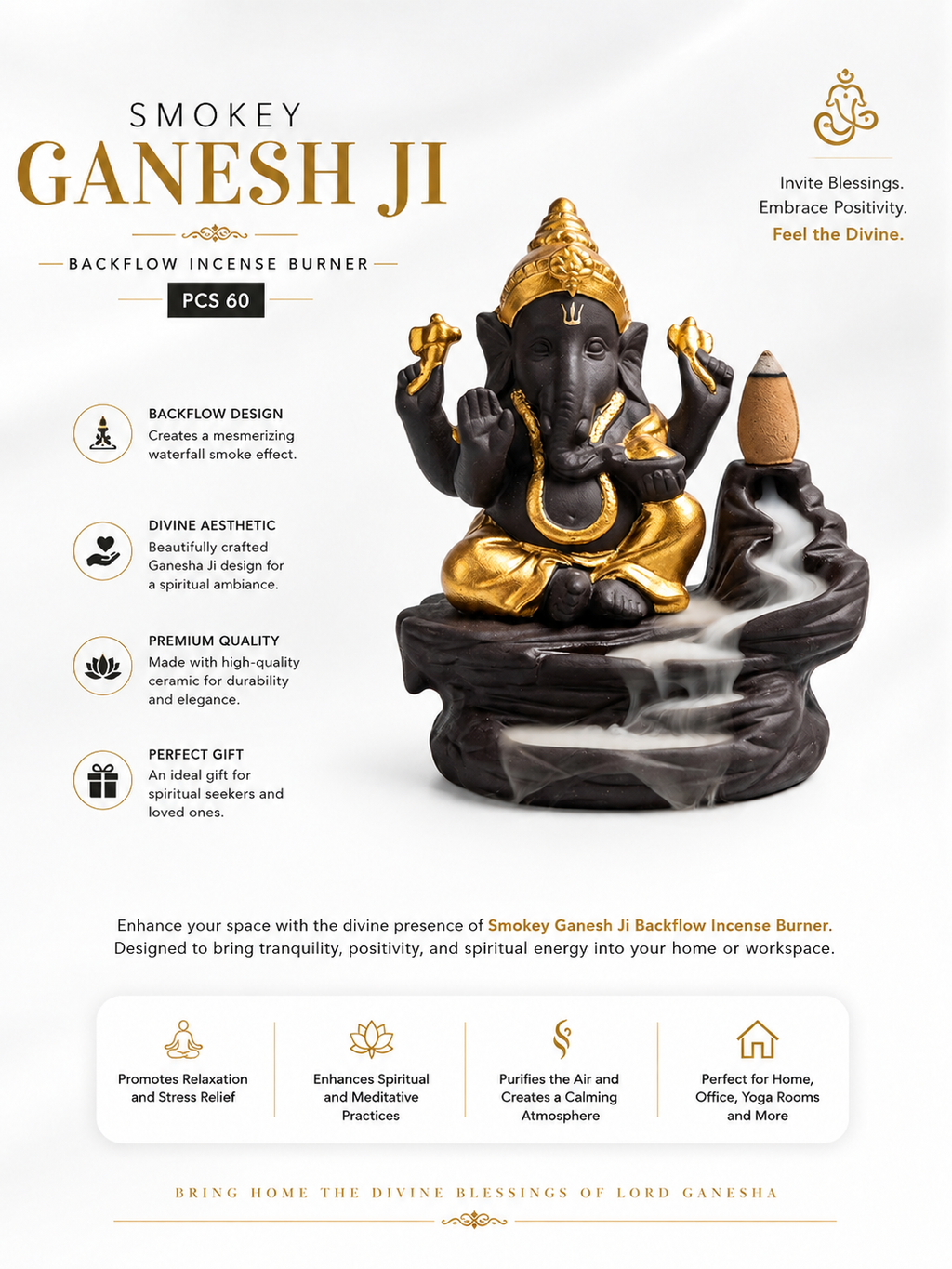 Smokey Ganesh Ji Backflow Incense Burner | Lord Ganesha Waterfall Smoke Fountain | Premium Spiritual Home Decor