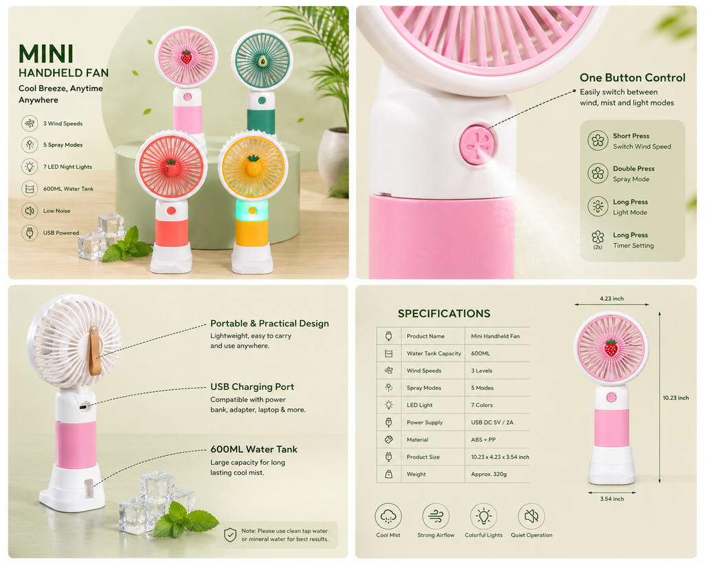 Mini Fan with Mist Spray & LED Light | Rechargeable Portable USB Cooling Fan