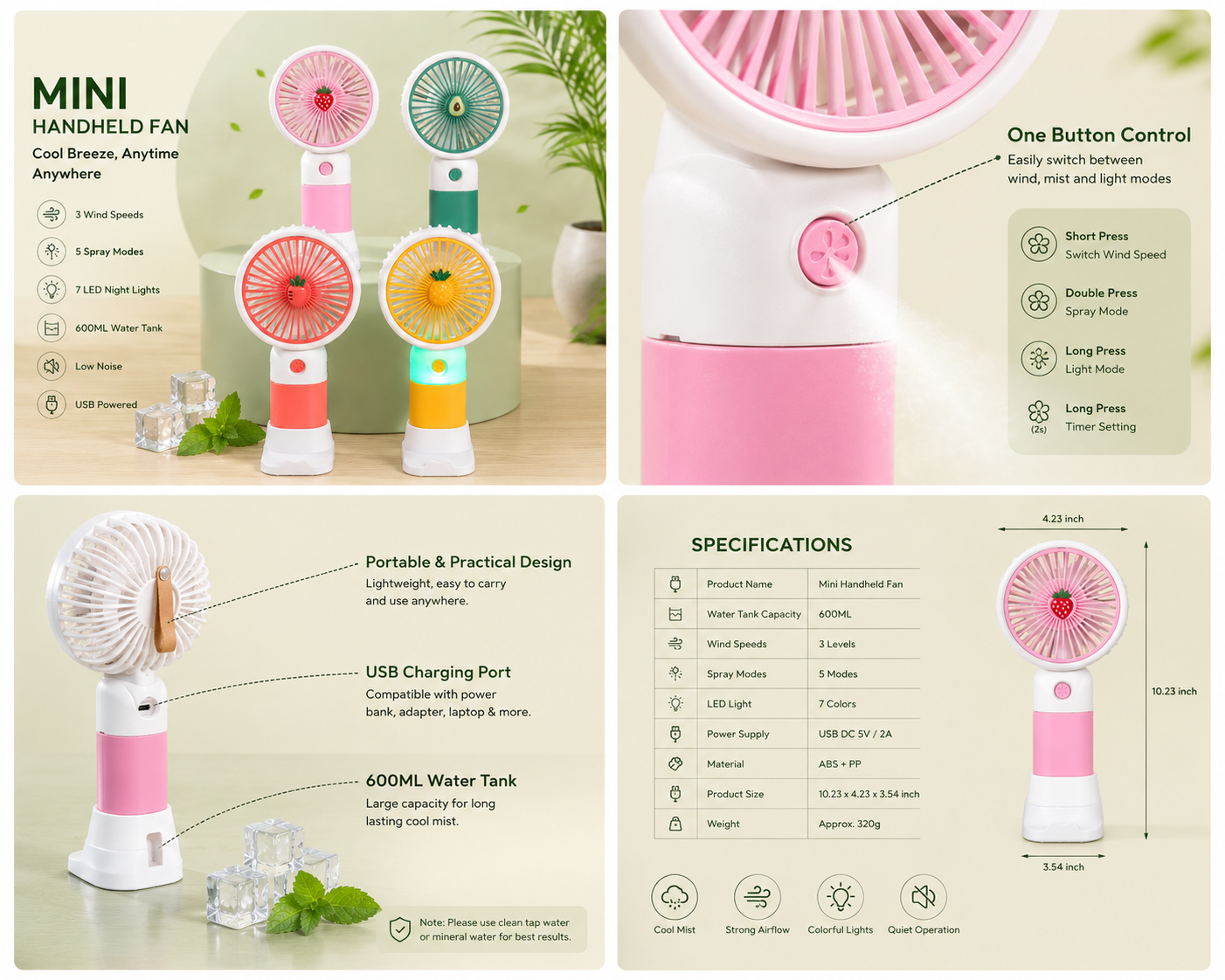 Mini Fan with Mist Spray & LED Light | Rechargeable Portable USB Cooling Fan