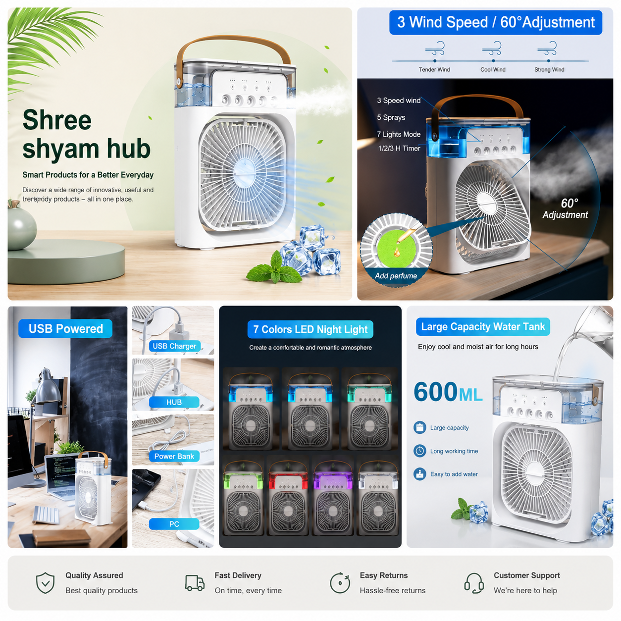 Portable USB Air Cooler Fan with Mist Humidifier, 3 Wind Speeds, 7 Color LED Light & 600ML Water Tank