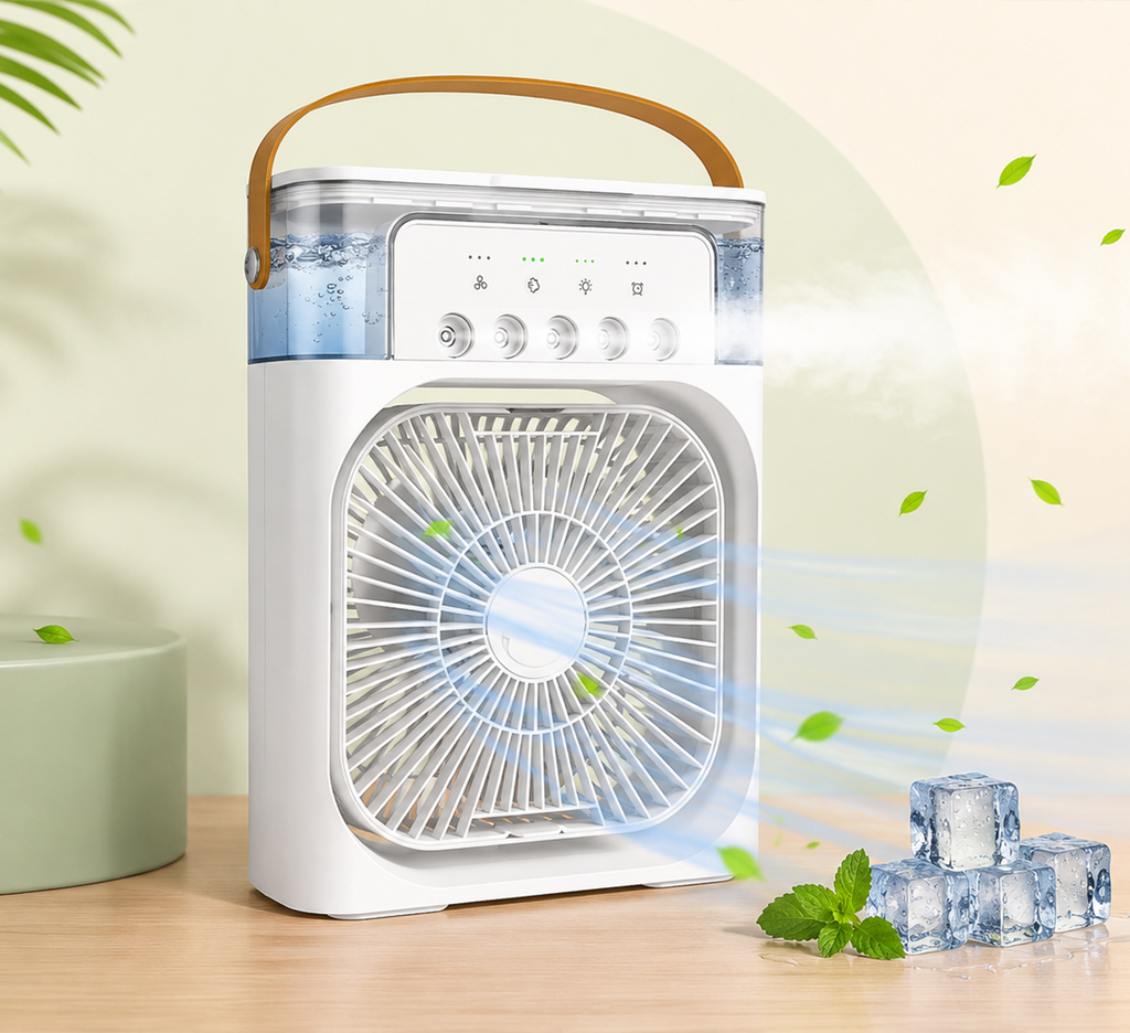 Portable USB Air Cooler Fan with Mist Humidifier, 3 Wind Speeds, 7 Color LED Light & 600ML Water Tank